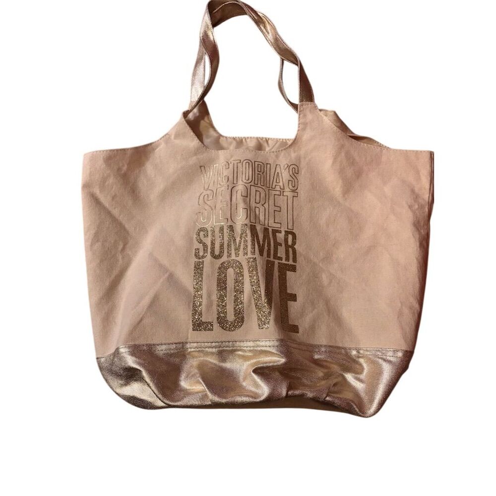 Victoria's Secret Summer Love Canvas Tote Bag Cream Gold Glitter Print